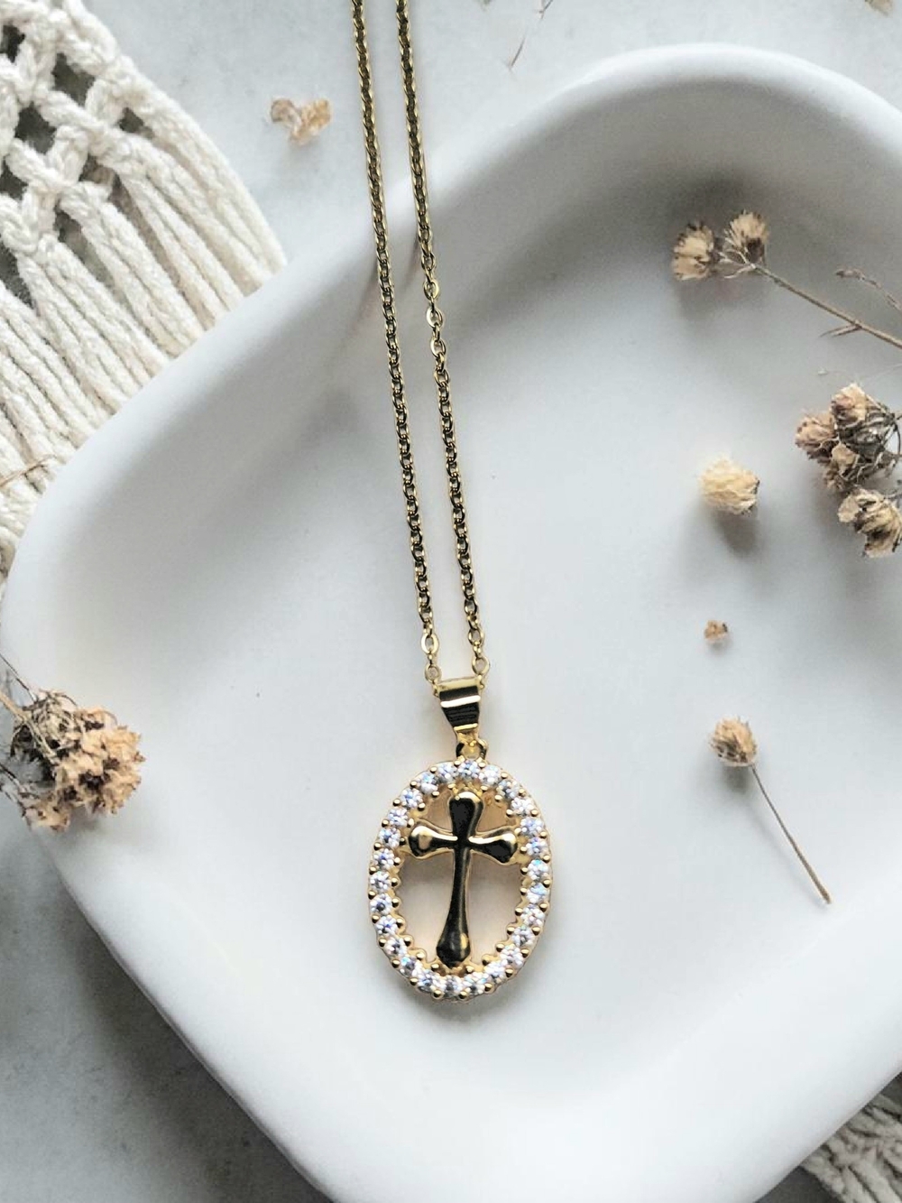 Gold Cross Oval Pendant Necklace with Crystal Trim